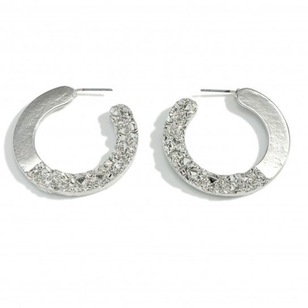 Silver Tone Dual Textured Hoop Earrings | Statement Metal Hoops | 1.5"